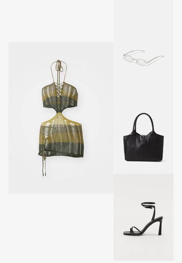 Top cropped tricotado em verde-oliva e amarelo, com decote em V, costas abertas e fechos de laço trançados. Feito de fio leve com um design texturizado.; Sandal de salto alto em couro preto com tira fina ao tornozelo, design de bico quadrado e várias tiras estreitas cruzando o pé. Textura lisa.; Óculos ovais com uma armação metálica prateada, lentes transparentes e detalhes texturizados em contas nas hastes. Design leve com braços curvos.; Bolsa tote de couro preta com textura suave, forma estruturada, duas alças e um destaque prateado proeminente na parte da frente.