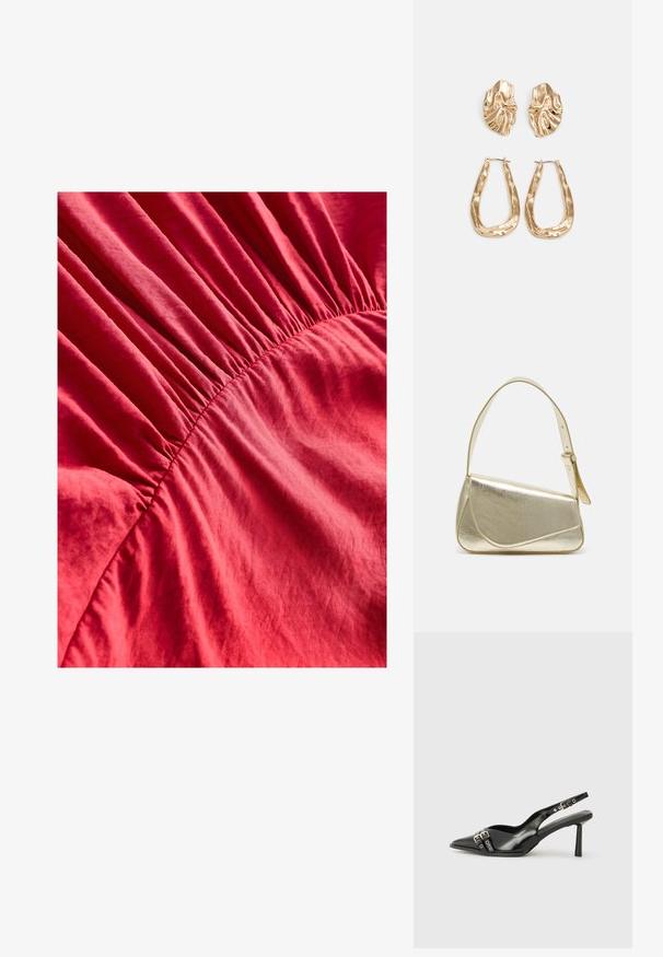 Rode stof met een geplooide textuur die door het midden loopt, met een zachte, gladde materiaal en een subtiele glans.; Zwarte gepolijste leren slingback schoenen met een puntige neus, enkelbandjes met zilveren gespen en hardware, en een slanke hak.; Gouden metallic handtas met een gestructureerd ontwerp, gladde textuur en verstelbare schouderband. Kenmerkt zich door een unieke driehoekige vorm en minimalistische stiksels.; Gouden oorbellen met een getextureerd, golvend ontwerp. Bevat sculpturale clip-on studs en een open ringontwerp met een gehamerd oppervlak.