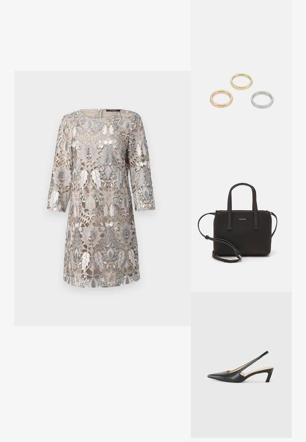Béžové šaty s propracovanou stříbrnou květinovou krajkou, tříčtvrteční rukávy, kulatý výstřih a zapínání na zip na zadní straně. Zajímavý strukturovaný design.; Černý špičatý slingback s nízkým podpatkem, vyrobený z hladké kůže, s výřezem na boku pro lepší prodyšnost.; Černá kabelka s dvojitými krátkými uchy a odnímatelným ramenním popruhem. Hladký koženkový materiál s uzávěrem na zip a detailem loga.; Tři kovové prsteny: jeden růžově zlatý, jeden zlatý s texturovanými detaily a jeden stříbrný, všechny s vyrytým brandingem na vnitřním boku.