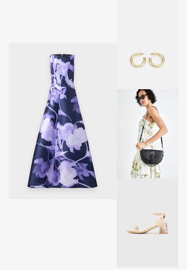 Swing Roupa de cerimónia - navy/purple; Sandalha metálica dourada com um salto em bloco angular, duas tiras sobre o pé e uma tira ajustável no tornozelo. Textura suave.; Bolsa de couro preta com forma curva, alça destacável e detalhes em dourado. A bolsa possui uma aba com detalhe de fivela.; Brincos em argola dourados com um acabamento liso e brilhante. Design circular com um pequeno pino e suporte transparente para um uso seguro.