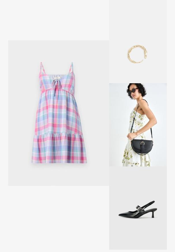 Kevyt puuvillamekko, jossa on monivärinen ruudullinen kuosi vaaleanpunaisena, sinisenä ja laventelina. Mukana säädettävät ohuet olkaimet ja kerätty vyötärö.; Musta patenttinaahkakengät, joissa on osoittava kärki ja pieni lohko korko, varustettuna hopeisella soljella hihnassa.; Musta nahkainen käsilaukku, joka on kaareva muotoilultaan, irrotettavalla hihnalla ja kultaisilla yksityiskohdilla. Laukussa on läppä, jossa on solk yksityiskohta.; Kultaketju, jossa on orgaaninen, kierretty muotoilu, sileä pinta ja cappatut päät, luoden modernin, veistoksellisen ilmeen.