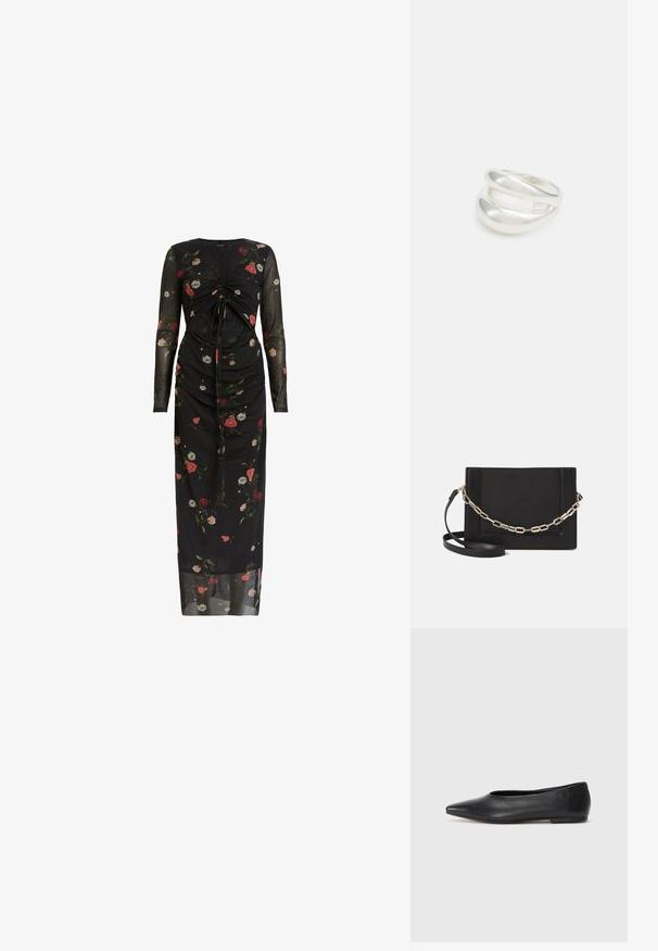 Čierne kvietkované šaty vyrobené z priehľadnej textílie, s dlhými rukávmi, zúženým dizajnom a mnohofarebnými kvetinovými vzormi po celom povrchu.; Čierne kožené baletky, špicatý špička, minimalistický dizajn, hladká textúra, nízky podpätok, bez viditeľných prvkov alebo ozdôb.; Čierna kožená crossbody taška s hladkou textúrou, obdĺžnikovým tvarom a kovovým reťazovým detailom na prednej strane. Súčasťou je nastaviteľný popruh.; Strieborný prsteň s dvojitým pásikom s hladkým, lesklým povrchom. Má plynulý, zakrivený dizajn s prekryvajúcimi sa časťami pre moderný vzhľad.