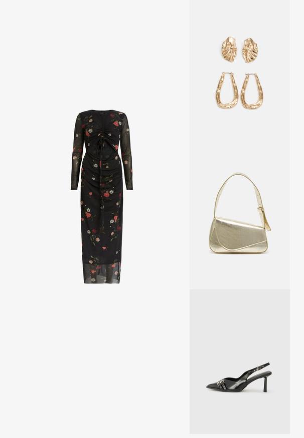 Svart blomstermønstret kjole laget av gjennomsiktig stoff, med lange ermer, rynket design og flerfargede blomster mønstre gjennom hele.; Sorte patentlær slingback-sko med spiss tå, ankelremmer med sølvspenner og detaljer, og en slank hæl.; Gullfarget metallisk håndveske med en strukturert design, glatt tekstur og justerbar stropp. Har en unik trekantet form og minimalistisk søm.; Gullfargede øredobber med teksturerte, bølgete former. Inkluderer skulpturelle klipsstuds og åpen hoop-design med en hamret finish.