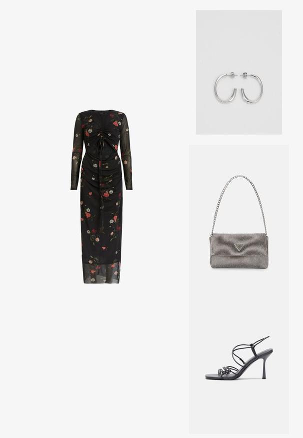 Čierne kvietkované šaty vyrobené z priehľadnej textílie, s dlhými rukávmi, zúženým dizajnom a mnohofarebnými kvetinovými vzormi po celom povrchu.; Čierne sandále na vysokom podpätku majú tenké remienky s uzlovým dizajnom, hladký štvorcový špičku a elegantný stiletto podpätok.; Svetlošedá metalická kabelka s reťazovým popruhom, ozdobená malými kruhovými kovovými štítkami a trojuholníkovým logom značky.; Strieborné kruhové náušnice s hladkým a lesklým povrchom. Okrúhly tvar, ľahký dizajn, s uzáverom na kolík.