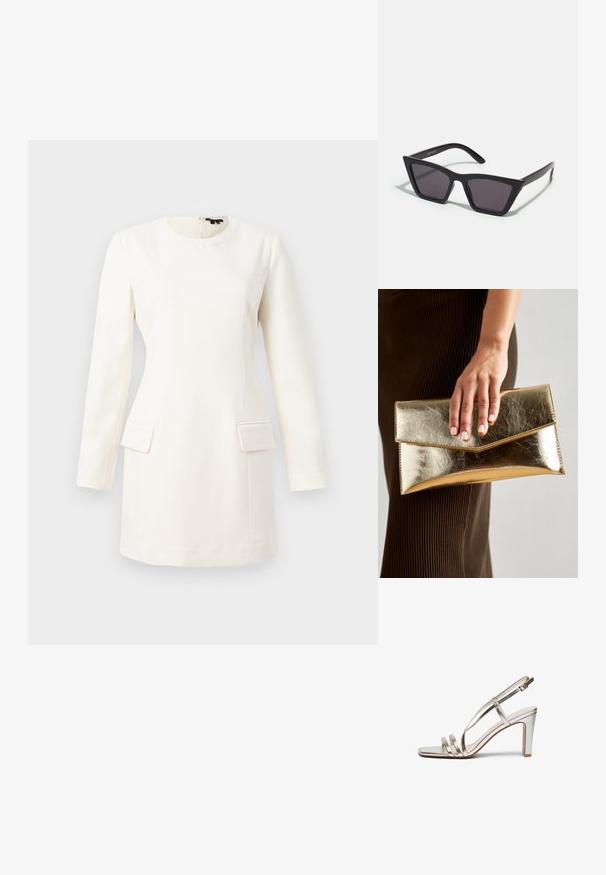 Fehér, hosszú ujjú ruha kerek nyakkivágással, testhezálló szilhuettel, két elülső zsebbe és egy diszkrét, dombornyomott logóval a nyak közelében. Sima szövettextúra.; Fémes ezüst színű magassarkú szandál nyitott orral, három vékony pánttal a lábfejen és egy csatfüles bokapánttal.; Fekete, szögletes napszemüveg szürke lencsékkel; műanyagból készült, vastag karokkal, sima felülettel és látható hardver nélkül.; Arany fémes clutch táska sima textúrával, háromszög alakú csattal. A kéz, amely tartja, szépen manikűrözött körmökkel rendelkezik.