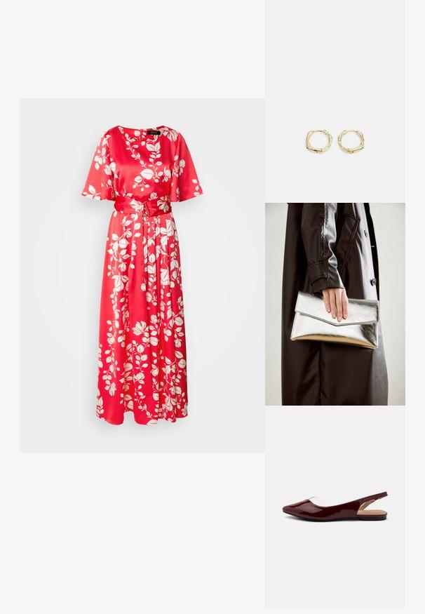 Abito lungo maxi floreale rosso in tessuto satinato. Presenta un colletto rotondo, maniche corte e una cintura in tessuto, decorata con motivi di foglie bianche.; Ballerine slingback in vernice bordeaux con punta appuntita, intaglio trasparente e suola nera piatta. Texture liscia, design minimalista.; Clutch metallico argento con un design a busta angolare, texture liscia e colore interno a contrasto, tenuto in mano da una persona che indossa un cappotto nero.; Orecchini a cerchio in oro con una forma irregolare e texture. Presentano una chiusura senza giunture e una finitura superficiale lucida, che enfatizza un design moderno.