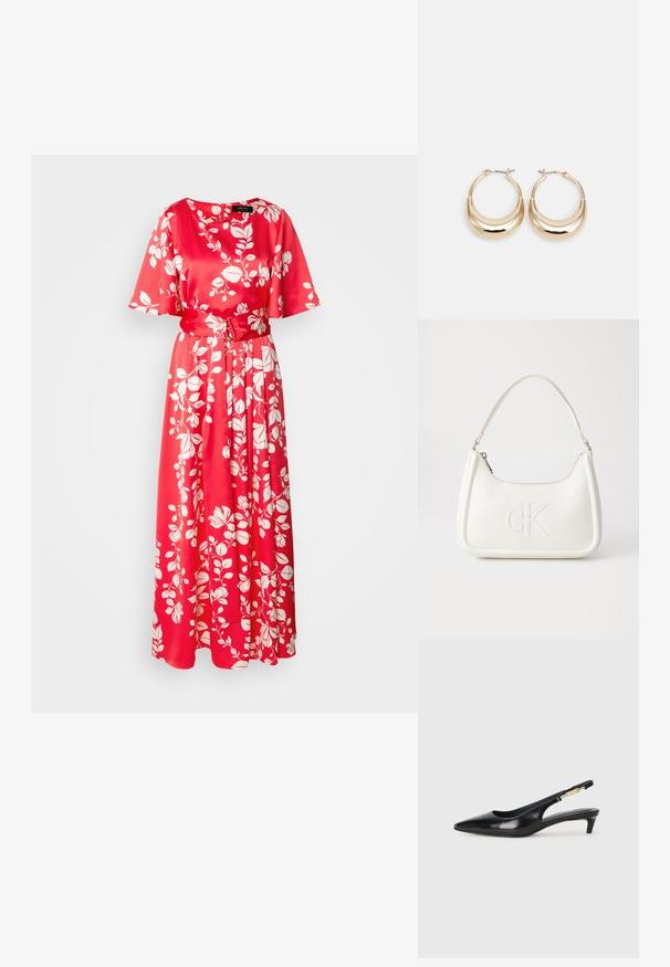 Red floral maxi dress in satin fabric. Features a round neckline, short sleeves, and a fabric belt, decorated with white leaf patterns.; Black leather slingback heels with a pointed toe, featuring a slim heel and a gold-tone accent on the adjustable strap. Smooth texture.; White leather handbag with a curved shape, featuring an embossed "CK" logo on the front and a single shoulder strap. Zipper closure at top.; Gold-toned hoop earrings with a crescent shape, polished surface, and hinge closure. Smooth texture and reflective finish enhance visibility.