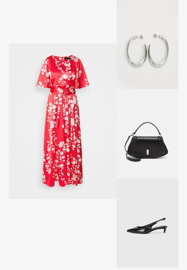 Rode maxijurk van satijnstof. Heeft een ronde halslijn, korte mouwen en een stoffen riem, versierd met witte bladerenpatteren.; Zwarte leren slingback hakken met een spitse neus, voorzien van een slanke hak en een goudkleurige accent op de verstelbare band. Gladde textuur.; Zwarte leren handtas met een gestructureerd ontwerp, featuring een verkorte vorm, bovenhandvat en gouden hardwareaccent. Inclusief verstelbare schouderband.; Zilveren oorringen met een gladde, gebogen vorm. Voorzien van een glanzende metallic afwerking en studsluiting. Geen zichtbare patronen of accenten.