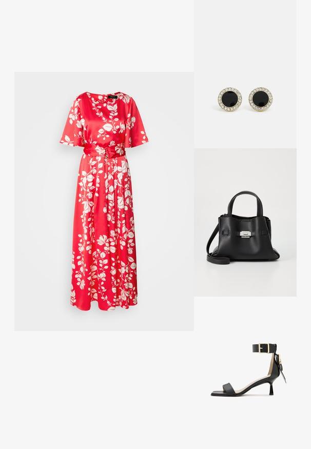 Raudona gėlių maksi suknelė iš satino audinio. Įrengta apvalia iškirpte, trumpomis rankovėmis ir audinio diržu, puoštu baltais lapų raštais.; Juodos odinės aukštakulnės šlepetės su kvadratiniu pirštu, kulkšnies dirželiu su auksiniu užsegimu ir siauru kulnu. Lygus paviršius, minimalistinis dizainas.; Juodas odinis rankinės su tekstūruota apdaila, turintis dvi viršutinės rankenos, nuimamą peties diržą ir sidabrinį užsegimą.; DKNY INLAY STUD - Auskarai - black/gold-coloured