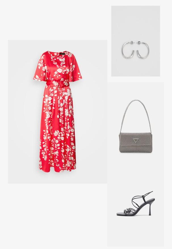 Rød blomster maxi kjole i satinmateriale. Har rund halsudskæring, korte ærmer og et stofbælte, dekoreret med hvide bladmønstre.; Sorte højhælede sandaler med tynde stropper og en knyttet design, en glat firkantet tå og en slank stiletto hæl.; Lys grå metallisk håndtaske med kædestrop, dekoreret med små runde metalliske studs og et trekantet brandlogo.; Sølv hoop øreringe med en glat, skinnende overflade. Rundet form, letvægtsdesign med post-back lukning.