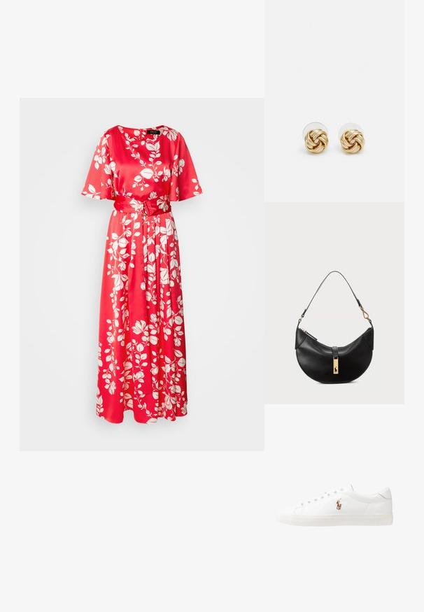 Vestido maxi floral rojo en tela de satén. Presenta un escote redondo, mangas cortas y un cinturón de tela, decorado con patrones de hojas blancas.; Zapatillas de cuero blancas, diseño de corte bajo, con una textura suave, puntera redonda, cordones en la parte delantera y un pequeño logo bordado en el lateral.; Bolso de cuero negro en forma de media luna. Presenta un acento de hardware dorado y una correa estrecha. Textura suave, cierre de cremallera en la parte superior.; Pendientes de botón en tono dorado con un diseño retorcido. Cada pendiente cuenta con un respaldo circular transparente para una sujeción segura.