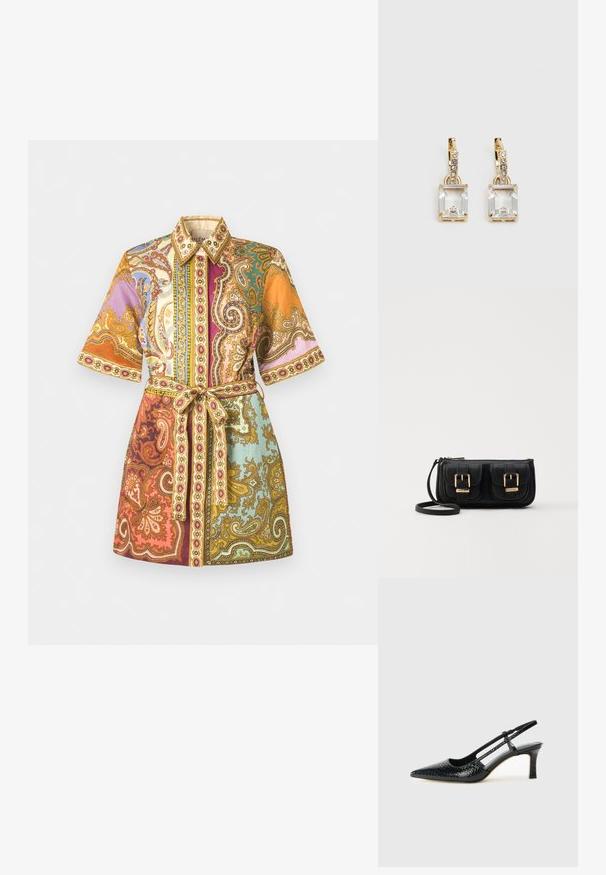 Μίνι φόρεμα πουκάμισο με κοντό μανίκι και ζώνη, διακοσμημένο με χρωματιστά σχέδια paisley και λουλούδια σε πορτοκαλί, μωβ, τιρκουάζ και χρυσούς τόνους.; Μαύρη πατέντα σλινγκμπάκ γόβα με μυτερή μύτη, διαθέτει υφή από φίδι, ρυθμιζόμενο λουρί και κοντή, υφή τετράγωνη φτέρνα.; Μαύρη δερμάτινη τσάντα ώμου με δύο μπροστινές τσέπες, χρυσά κούμπωματα, κλείσιμο με φερμουάρ και λεπτό λουρί. Υφή επιφάνειας και κομψό ορθογώνιο σχήμα.; Χρυσά σκουλαρίκια με ορθογώνιο, καθαρό κρύσταλλο που κρέμεται κάτω από μια σειρά μικρών, στρογγυλών, καθαρών λεπτομερειών. Λεπτός, σύγχρονος σχεδιασμός.