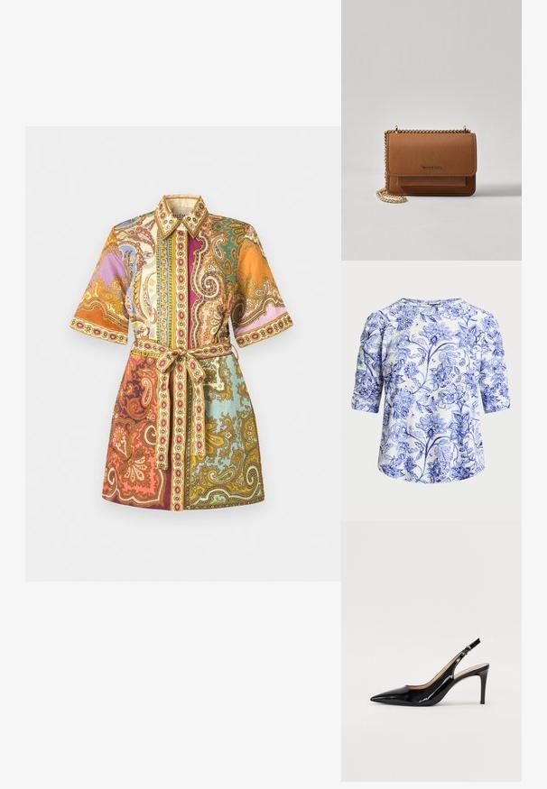 Abito camicia a maniche corte con cintura, caratterizzato da vivaci motivi paisley e floreali in tonalità arancione, viola, verde acqua e oro.; Blusa floreale con un motivo blu e bianco, realizzata in tessuto morbido. Ha un collo rotondo e maniche a tre quarti.; Pumps slingback in pelle verniciata nera con punta affilata, tacco sottile e un design con ritagli delicati. Caratterizzate da una fibbia dorata sul cinturino.; Borsa a tracolla in pelle marrone con texture, dotata di catena dorata e chiusura a pattina. Sul davanti presenta un dettaglio con logo e una tasca sotto la pattina.