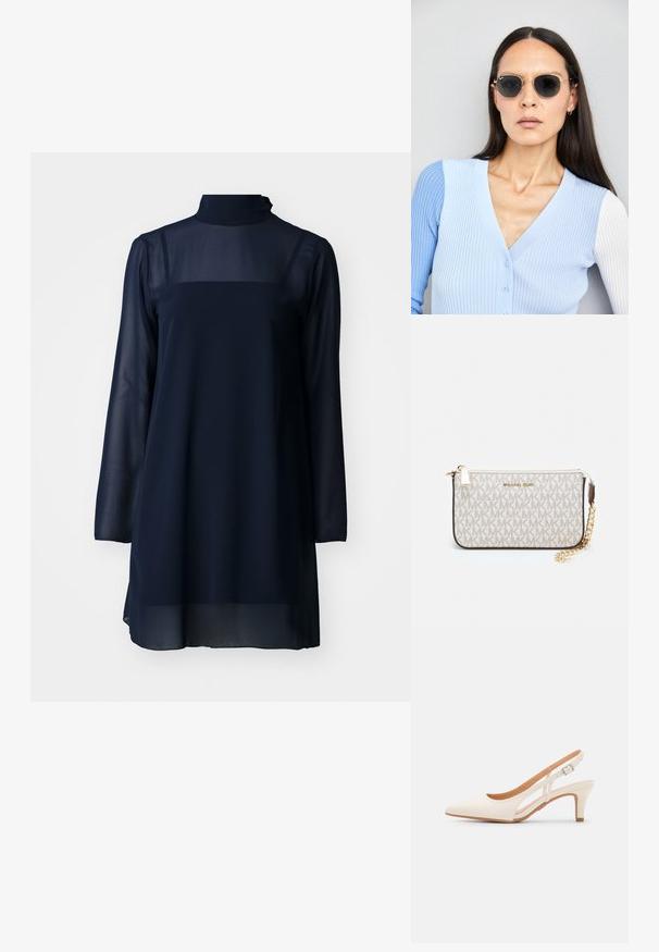 Tumedast sinine pikavarreline kleit kõrge kraega, valmistatud läbipaistvast materjalist, millel on kindel ülemine osa ja voolav alumine äär.; Valge slingback konts, terava ninaga, siledast ülemisest materjalist, madala ploki kontsaga ja külgse nähtavusega ning reguleeritava pandla rihmaga.; Ringikujulised prillid tumedate läätsede ja kullast raamiga. Mudel on selga pannud helesinise soonikuga kardigani, millel on nupud ja kontrastsed valged varrukad.; Michael Korsi randmevõru beige kaetud kangast, millel on korduv MK logo muster, kuldne riistvara ja eemaldatav ahelistrap.