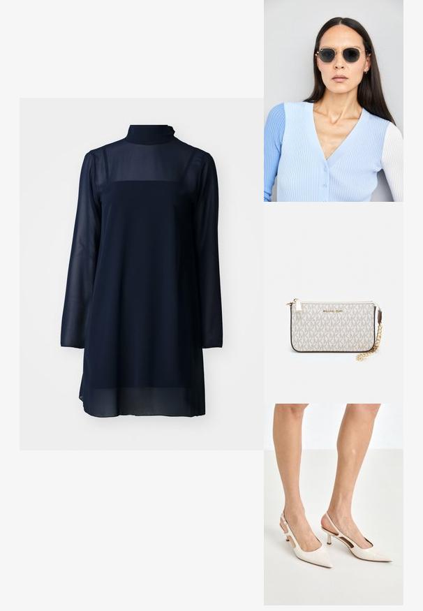 Tums zila garām piedurknēm kleita ar augstu apkakli, izgatavota no caurspīdīga materiāla, ar cietu augšdaļu un plūstošu apakšdaļu.; Beidzējo oriģinālo bežējo lakotā ādas kurpju papēžus ar norādītu degunu un 5 cm papēdi, kas iekļauj izgrieztās sānu daļas un plānu potītes siksniņu.; Apaļas saulesbrilles ar tumšiem objektīviem un zeltītām rāmēm. Modelis valkā gaiši zilu, ribotu kardigānu ar pogām un kontrastējošām baltām piedurknēm.; Michaela Korsa rokassomi bez̦ā īšojuma, kas izgatavota no apklāta kanvas, iekļaujot atkārtotu MK logotipa rakstu, zelta aparatūru un noņemamu ķēdes siksnu.