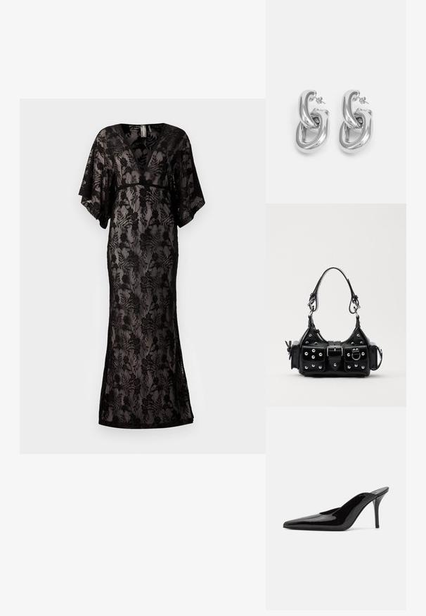 Sorthæd kjole med korte ærmer, V-udskæring, blomstermønster, tætsiddende talje og en gulvlængde silhuet. Gennemsigtig stof med teksturerede detaljer.; Sorte lakerede højhælede mulesko med spids tå og en slank silhuet, der har åben hæl og en slank stilettohæl.; Sort læderhåndtaske med et buet design, prydet med sølvfarvede nitter, en spænde og to sidelommer. Justerbar rem til forskellige bære muligheder.; Rabanne XL LINK DOUBLE HOOP EARRING - Øreringe - silver-coloured