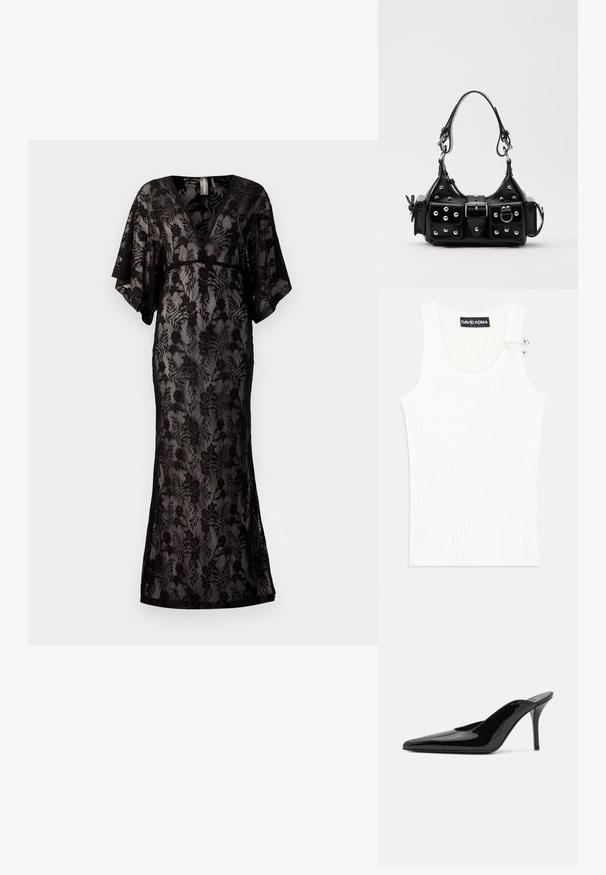 Czarna sukienka z koronką, z krótkimi rękawami, dekoltem w kształcie litery V, kwiatowym wzorem, dopasowaną talią i długością do ziemi. Przezroczysty materiał z teksturowanymi detalami.; Biała prążkowana bluzka na ramiączkach z okrągłym dekoltem i metalowym akcentem na ramieniu. Miękka tekstura, dopasowany fason i bezrękawowy styl.; Czarne lakierowane mule na wysokim obcasie z wąskim noskiem i elegancką sylwetką, charakteryzujące się otwartym tyłem i smukłym szpilką.; Czarna skórzana torebka w zakrzywionym kształcie, z srebrnymi ćwiekami, klamrą i dwoma bocznymi kieszeniami. Regulowany pasek umożliwiający różne opcje noszenia.