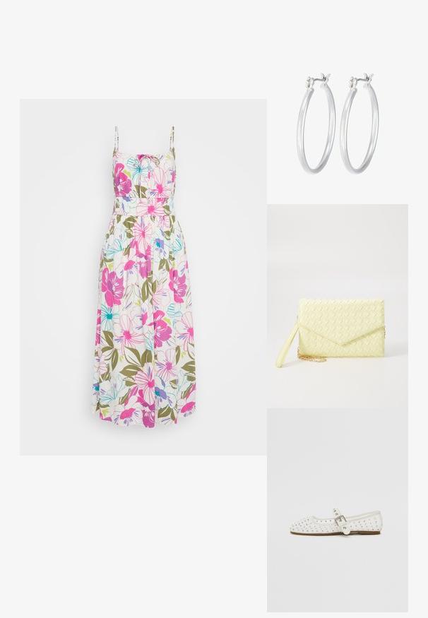 Kvetinové maxi šaty s tenkými ramienkami, zdobené jasne ružovými, modrými a zelenými kvetmi na bielom pozadí, so zberaným pásom a voľne padajúcou tkaninou.; Biele ploché topánky s špicatou špičkou, zdobené striebornými cvočkami, majú pracku cez priehlavok a svetlohnedú podrážku.; Žltý tkaný clutch peňaženka s preklápacím dizajnom, odnímateľným zápästným remienkom a zlatým reťazovým doplnkom. Hladký povrch a obdĺžnikový tvar.; Strieborné kruhové náušnice s hladkým, lesklým povrchom. Kolový tvar a bezpečné klikanie na uzatváranie. Ľahký dizajn vhodný na každodenné nosenie.