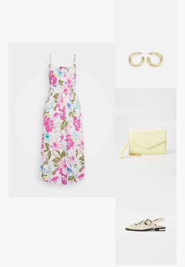 Lille õlavarredega lillemuster maxi kleit, millel on erksad roosad, sinised ja rohelised lilled valgel taustal, kogutud talje ja voogav kanga. ; Valged nahast slingback-sandaalid, millel on mitmeid laiad rihmad ja hõbedased pandlad; tasane tald väikese musta kanna ja metalliliste detailidega.; Kollane kudumine käekott, millel on klapp disain, eemaldatav randme rihm ja kuldne ahelakaunistus. Sile tekstuur ja ristkülikuline kuju.; Kuldne rõngassõrmused sileda ja läikiva viimistlusega. Ringikujuline disain, millel on väike post ja selge tagumine külg, et tagada kindel kandmine.