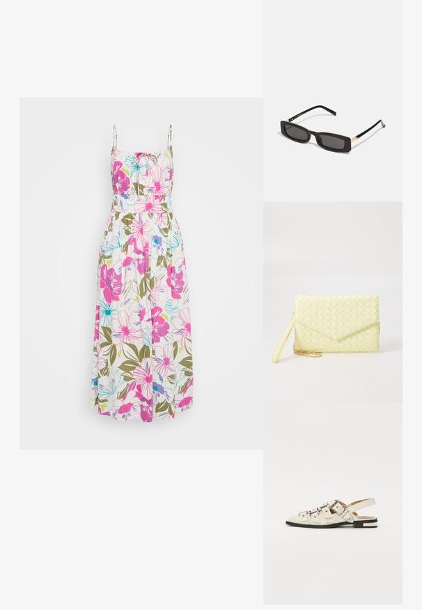 Lille õlavarredega lillemuster maxi kleit, millel on erksad roosad, sinised ja rohelised lilled valgel taustal, kogutud talje ja voogav kanga. ; Valged nahast slingback-sandaalid, millel on mitmeid laiad rihmad ja hõbedased pandlad; tasane tald väikese musta kanna ja metalliliste detailidega.; Mustad ristkülikukujulised prillid tumedate läätsedega, läikivad plastraamid ja kuldsed aktsendid templites. Minimalistlik disain ja voolujooneline kuju.; Kollane kudumine käekott, millel on klapp disain, eemaldatav randme rihm ja kuldne ahelakaunistus. Sile tekstuur ja ristkülikuline kuju.; Kuldne rõngassõrmused sileda ja läikiva viimistlusega. Ringikujuline disain, millel on väike post ja selge tagumine külg, et tagada kindel kandmine.