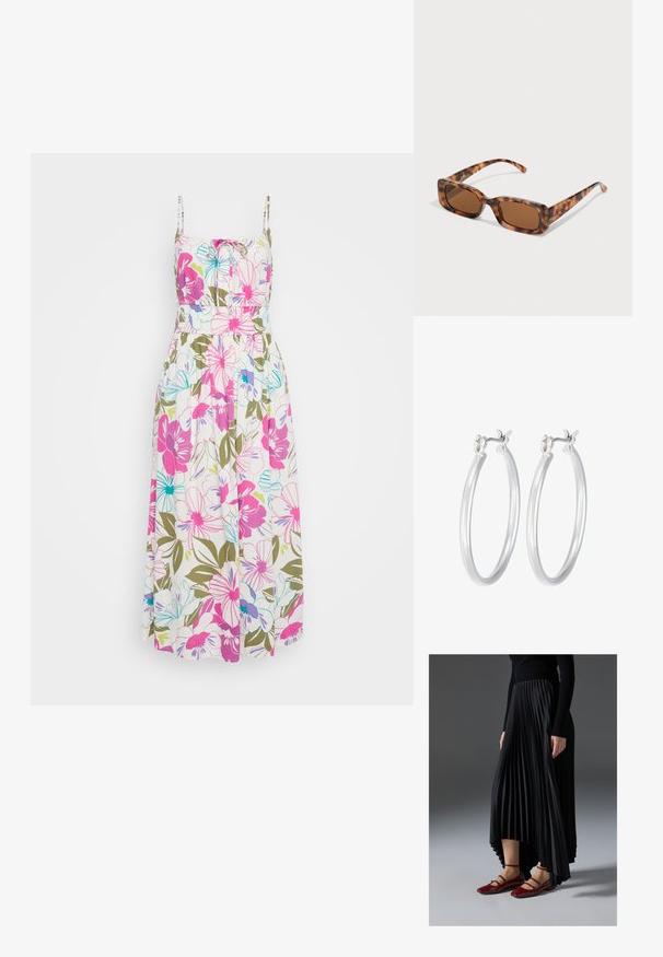 Kvetinové maxi šaty s tenkými ramienkami, zdobené jasne ružovými, modrými a zelenými kvetmi na bielom pozadí, so zberaným pásom a voľne padajúcou tkaninou.; Čierna plisovaná sukňa s vysokým a nízkym lemom, skombinovaná s lesklými červenými balerínami s dizajnom remienkov. Tkanina má hladkú textúru.; Rámik slnečných okuliarov z korytnačiny s obdĺžnikovými hnedými sklami, hrubým rámom a štíhlymi stranicami so vzorom rôznych odtieňov hnedej.; Strieborné kruhové náušnice s hladkým, lesklým povrchom. Kolový tvar a bezpečné klikanie na uzatváranie. Ľahký dizajn vhodný na každodenné nosenie.