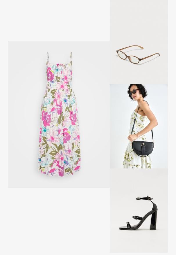 Rochie maxi florală cu bretele subțiri, având flori roz aprins, albastre și verzi pe un fundal alb, talie strânsă și material lejer.; Sandale cu toc din patent negru, cu vârf pătrat, curele la gleznă și catarame din argint. Dispune de un toc gros pentru stabilitate.; Ochelari în nuanță de țestoasă maro, cu lentile ovale, brațe subțiri și accente transparente. Prezintă un logo subtil pe tâmplă. Design elegant și ușor.; Geantă din piele neagră, cu o formă curbată, curea detașabilă și accesorii aurii. Geanta are un capac cu un detaliu tip cataramă.