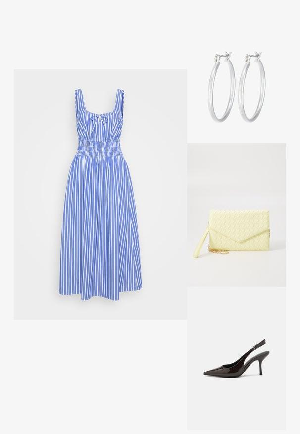 Niebieska i biała sukienka w paski z dopasowanym gorsetem, szerokimi ramiączkami i elastycznym pasem. Spódnica sięga do kolan. Materiał bawełniany.; Sandały na obcasie typu slingback z błyszczącej ciemno-brązowej lakierowanej skóry, w szpic, z otwartymi bokami i regulowanym paskiem wokół kostki.; Żółty pleciony portfel kopertowy z klapką, odczepianym paskiem na nadgarstek i złotym akcentem łańcuszka. Gładka tekstura i prostokątny kształt.; Srebrne kolczyki w formie kółek o gładkim, polerowanym wykończeniu. O okrągłym kształcie i pewnym zapięciu na klik. Lekka konstrukcja odpowiednia do codziennego noszenia.
