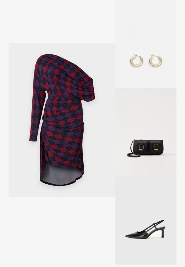 Ebaaseline kleit ühe pika varruka ja punase ja tumeda sinise ruudulise mustriga, kokku volditud detailide ja voogava siluetiga.; Mustmust paelad, millel on terav varvas, tekstuuriga maduprindiga, reguleeritav rihm ja lühike tekstuuriga plokknina.; Must küllastamata nahast õlakott, millel on kaks esist nähtavat taskut, kuldsed pandlad, tõmblukuga sulgemine ja peen rihm. Tekstuuriga pind ja kompaktne ristkülikukujuline kuju.; Lauren Ralph Lauren BASIC SMALL HOOP - Kõrvarõngad - gold-coloured