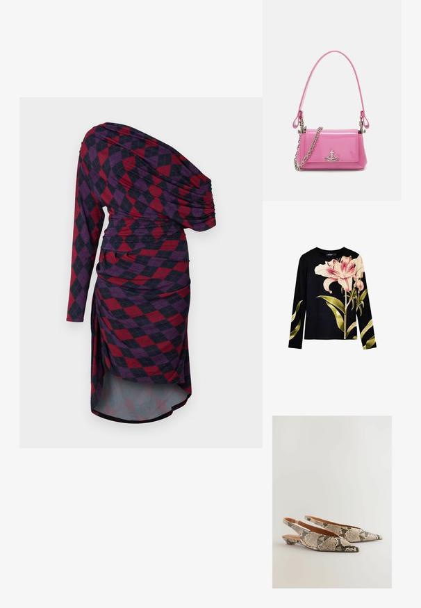 Rochie asimetrică cu un mânecă lungă, având un model în carouri roșii și bleumarin închis, detalii drapate și o siluetă înfășurată.; Camică neagră cu mâneci lungi, cu textură ribbită, având imprimeu cu crini roz mari și frunze verzi pe față. Material ușor.; Next REGULAR FIT FOREVER COMFORT POINT TOE - Balerini cu baretă la spate - snake; Geantă de mână din piele patent roz, cu formă rectangulară, curea cu lanț detașabil și detalii din metal argintiu pe față.