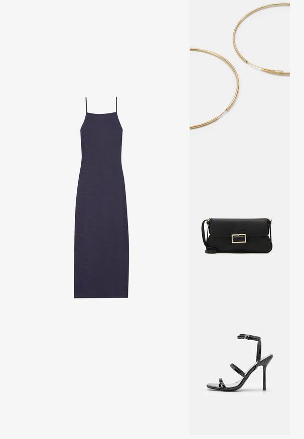 Námořnické šaty bez rukávů s úzkými ramínky, vyrobené z jemného žebrovaného materiálu, s přiléhavým střihem a midi délkou.; Černé lakované kožené sandály na vysokém podpatku s třemi horizontálními pásky a nastavitelným páskem kolem kotníku. Elegantní silueta a lesklý povrch.; Černá kožená psaníčko s klopou a zlatým kovovým detailním sponou. Součástí je černý popruh a elegantní, minimalistický design.; Zlaté kruhové náušnice, tenké a kulaté, s hladkým kovovým povrchem a bez zdobení či vzorů.