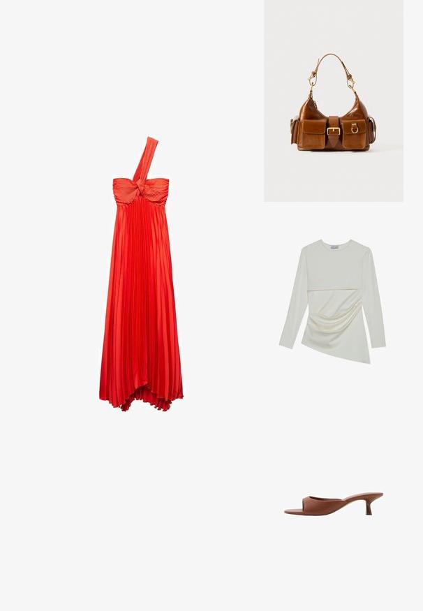 Punainen pleatattu maksimekko, jossa on yksi olka ja solmittu vartalo-osa, ja jossa on virtaava helma ja sileä pinta.; Pitkähihainen kerma jacket, jossa on pyöreä pääntie, kerroksellinen muotoilu ja rypytetty yksityiskohta alaosassa. Pehmeä kangas, jossa on sileä rakenne.; Ruske avto čevlji s peto, odprti spredaj, z gladko mat površino, ki imajo ukrivljen dizajn in prozorno, stožčasto peto.; Ruskea nahkalaukku, jossa on kaareva muoto, kaksi kultaisen sävyistä metalliosaa, kaksi etutaskua ja leveä olkahihna. Silkkinen pinta ja tyylikäs viimeistely.