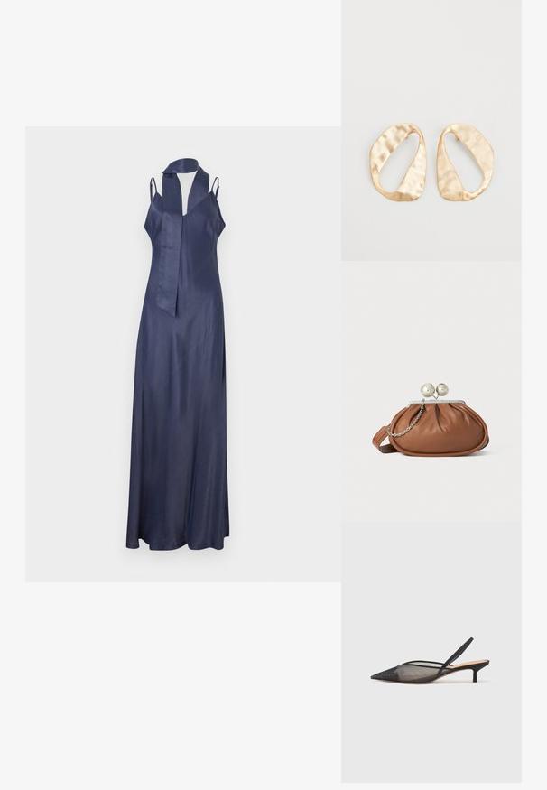 Morska satenasta obleka z V-izrezom, ozkimi naramnicami in dolžino, ki se lepo spušča. Ima naglavni trak za zavezovanje. Gladka tekstura.; NEOUS IRENA - Klasične pete - black; Rjava usnjena torbica z srebrnim krogličnim zapiranjem in majhno srebrno verigo na beli podlagi.; Par nenavadno ovalnih zlatih metalnih uhani s teksturirano, rahlo udarjeno površino na belem ozadju.