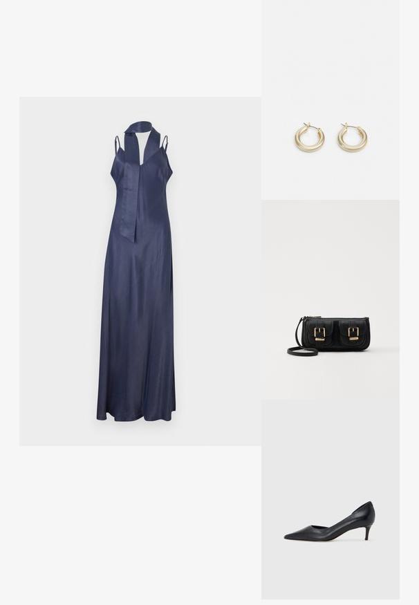 Vestido de cetim navy com decote em V, alças finas e uma silhueta longa e fluida. Apresenta um detalhe de decote com laço. Textura suave.; Sapato de salto alto preto em pele com bico fino e salto baixo. Apresenta uma textura suave e brilho subtil. Corte aberto na parte da frente para um detalhe adicional.; Bolsa de ombro em couro preto com dois bolsos frontais, fivelas douradas, fecho de zíper e uma alça fina. Superfície texturizada e forma retangular compacta.; Lauren Ralph Lauren BASIC SMALL HOOP - Brincos - gold-coloured