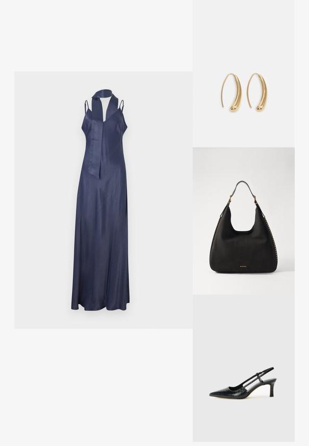 Jūrinės satino suknelės su V formos iškirpte, siaurais petnešomis ir ilgu, plačiu siluetu. Yra savišviesos apykaklė. Lygus paviršius.; Juodai lakuoti slingback aukštakulniai su smailiu nosiu, su tekstūruotu gyvatės raštu, reguliuojama juosta ir trumpu, tekstūruotu blokiniu kulnu.; MICHAEL Michael Kors NOLITA HOBO  - Rankinė - black; Auksinės metalinės auskarų kabės su lenktą, pailgą forma. Turi lygų, blizgantį paviršių ir užapvalintą galiuką papildomam akcentui.