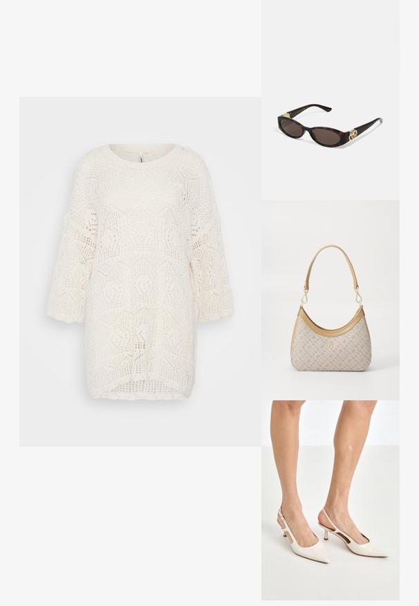 ONLY ONLBEACHIE LIFE LOOSE O NECK - Vestido de punto - cloud dancer; Tacones slingback de charol beige con punta afilada y un tacón de 5 cm, con lados recortados y una delgada correa en el tobillo.; Gafas de sol carey con lentes ovalados alargados, tintado marrón, acentos de logo dorado en las patillas y brazos negros elegantes.; Bolso de mano beige con un patrón y forma curva, acentos de cuero y un logo tono dorado en la parte frontal. Cuenta con un asa corta para un fácil transporte.; Collar de perlas y cristales con un diseño redondo y abalorado en tonos suaves, que presenta perlas alternadas y acentos brillantes, llevado alrededor del cuello.