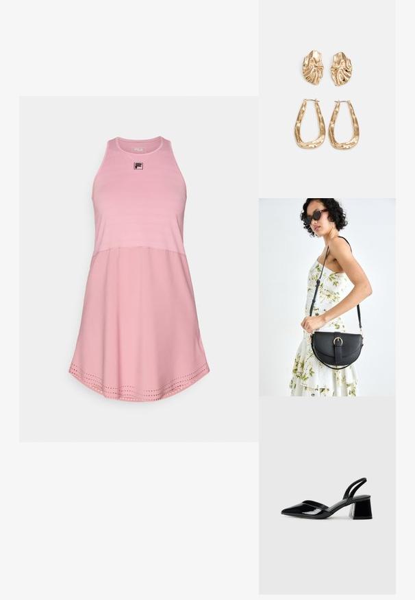 Rožinė be rankovių suknelė su apvaliu apvadu, turinti tekstūruotą liemenį, vientisą apatinę dalį ir FILA logotipą krūtinėje.; Juodos lakuotos odinės šlepetės su smailiu pirštu ir geometriniu bloko kulnu. Turi elegantišką, minimalistinį dizainą ir lygų paviršių.; Juodas odinis krepšys su išlenkta forma, nuimamu dirželiu ir auksiniais detalėmis. Krepšys turi kilpą su sagtimi.; Auksinės auskarai, turintys tekstūruotus, bangų formos elementus. Įeina skulptūriniai segami auskarai ir atviri lankai su išmuštu paviršiumi.