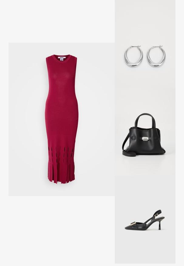 Hosszú, ujjatlan ruha bordázott kötött anyagból, mély rózsaszín árnyalatban, francia dizájnnal az alján, kivágott részletekkel.; Fekete bőr slingback cipő hegyes orral, karcsú sarkal és aranyszínű kiegészítővel a lábfej résznél. Simább szerkezet és letisztult dizájn.; Fekete bőr kézitáska struktúrált felülettel, két felső fogantyúval, levehető vállpánttal és ezüst színű csattal.; Fényes ezüst félhold alakú karika fülbevaló pár, zsanéros kapoccsal, fehér háttéren.