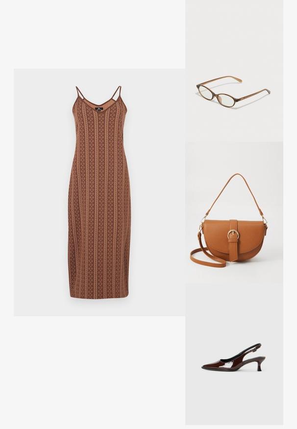 Brūns, rakstains midi kleita ar plānām siksnām, V veida izgriezumu un vertikālām svītrām; teksturēta auduma ar ziedu motīviem un kontrastējošiem akcentiem.; Brūnas patentētas ādas sprauga kurpes ar norādītu pirkstu un mērenu papēdi. Aprīkotas ar sprādzi, lai nodrošinātu drošu fit. Gluda tekstūra.; Brūnas bruņurupuču čuguna brilles ar ovālām lēcām, plānām kājām un caurspīdīgām akcentiem. Uz tempļa ir smalka logo. Sleek, viegla konstrukcija.; Brūns ādas plecu soma ar izliekta formu, zelta piederumiem un sprādzes akcentu. Iesaiņota ar noņemamu plecu siksnu.