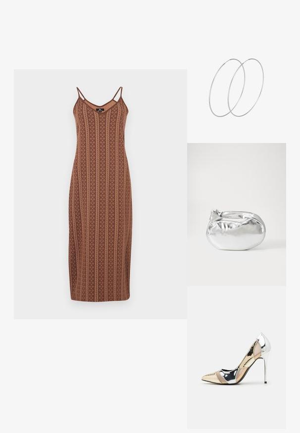 Abito midi marrone a fantasia con spalline sottili, scollatura a V e righe verticali; tessuto testurizzato con motivi floreali e dettagli a contrasto.; Scarpa con tacco alto a punta, con una combinazione di colori argento, oro e nudo. Finitura lucida con design a ritaglio, con tacco a stiletto.; Borsa a pochette metallica argentea con una forma morbida e arrotondata e chiusura superiore annodata. Realizzata in materiale sintetico morbido.; Orecchini a cerchio in argento con un design minimalista. Forma circolare, superficie liscia e profilo sottile. Leggeri con una finitura lucida.