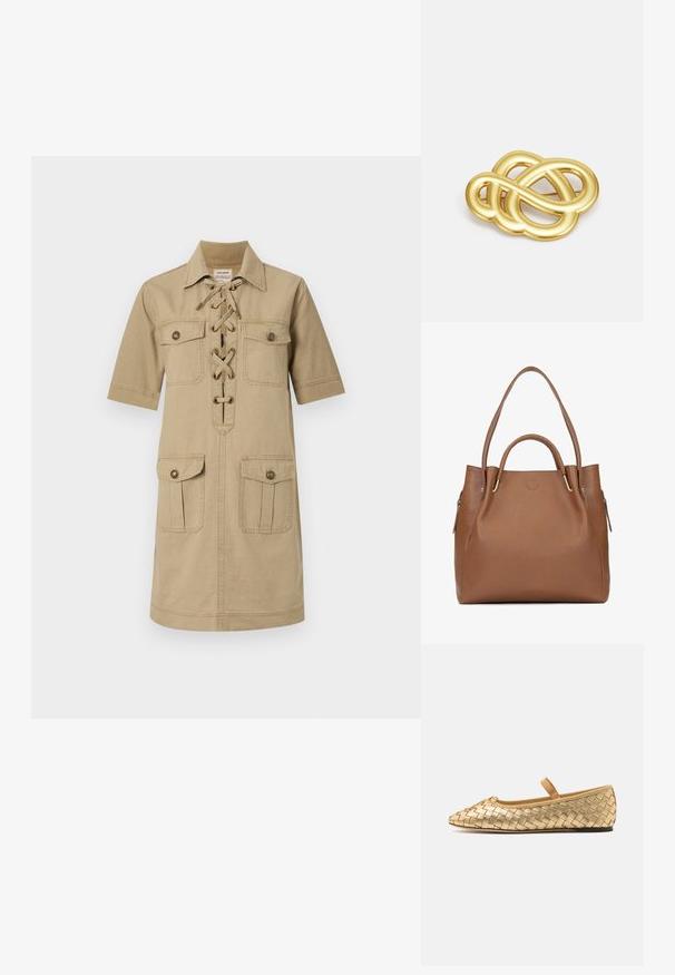 Svetlosmeđa haljina kratkih rukava s ovratnikom na dugmad, čipkastim prednjim dijelom i dva gornja i donja zakrčena džepa. Tekstura tkanine od baumwolle.; Loeffler Randall LEONIE SOFT BALLET FLAT - Balerinke s trakom oko gležnja - gold; Smeđa kožna torba s teksturiranom površinom, dvostrukim dugim ručkama i gornjim otvorom. Sadrži zlatne metalne detalje i bočnu zip džep.; Broš u zlatnoj boji s čvorastim dizajnom, glatkim, zaobljenim linijama i složenim oblikom, koji odražava sjajnu površinu.