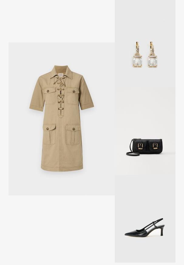 Ljusbrun kortärmad klänning med nedknäppt krage, snörning framtill och två övre och nedre fickor. Bomulls tygkvalitet.; Svart lackskin slingback-häl med spetsig tå, med texturerad ormskinnsprint, justerbar rem och en kort, texturerad blockklack.; Svart läderaxelväska med två framfickor, guldspännen, dragkedjestängning och en smal rem. Texturerad yta och kompakt rektangulär form.; Guldtonade örhängen med en rektangulär, klar kristall som hänger under en rad av små, runda klara accenter. Snygg, modern design.