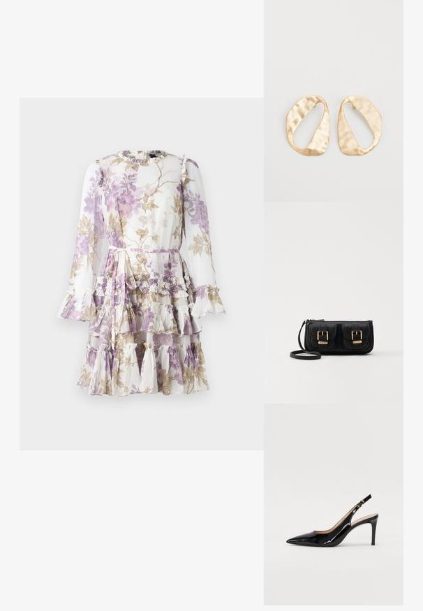 Needle & Thread WISTERIA ROUND NECK MINI DRESS - Gallakjole - moonshine; Sort patenteret læder slingback stiletto med spids tå, slank hæl og et subtilt udskæringsdesign. Har en gylden spænde på remmen.; Sort læder crossbody taske med to frontlommer, guldspænder, lynlåslukning og en slank rem. Struktureret overflade og kompakt rektangulær form.; Et par uregelmæssige ovalformede øreringe i guldtonet metal med en tekstureret, let hamret overflade på en hvid baggrund.