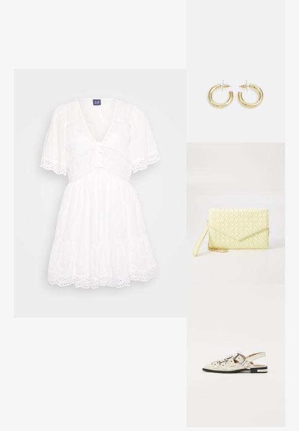 Valge kleit V-kaelusega, lühikeste puffvarrukatega, nööpidega ees ja pitsilise äärega. Omab kihilist seelikut ja tekstuurset kangast.; Valged nahast slingback-sandaalid, millel on mitmeid laiad rihmad ja hõbedased pandlad; tasane tald väikese musta kanna ja metalliliste detailidega.; Kollane kudumine käekott, millel on klapp disain, eemaldatav randme rihm ja kuldne ahelakaunistus. Sile tekstuur ja ristkülikuline kuju.; Kuldne rõngassõrmused sileda ja läikiva viimistlusega. Ringikujuline disain, millel on väike post ja selge tagumine külg, et tagada kindel kandmine.