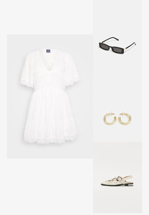 Abito bianco con scollatura a V, maniche a puff corte, chiusura frontale con bottoni e bordi in pizzo traforato. Presenta una gonna a strati e un tessuto testurizzato.; Sandali slingback in pelle bianca con più cinturini larghi e fibbie d'argento; suola piatta con un piccolo tacco nero e dettagli metallici.; Occhiali da sole neri rettangolari con lenti scure, montatura in plastica lucida e accenti dorati sulle tempie. Design minimalista e forma elegante.; Orecchini a cerchio in oro con una finitura liscia e lucida. Design circolare con un piccolo perno e una chiusura trasparente per un indosso sicuro.