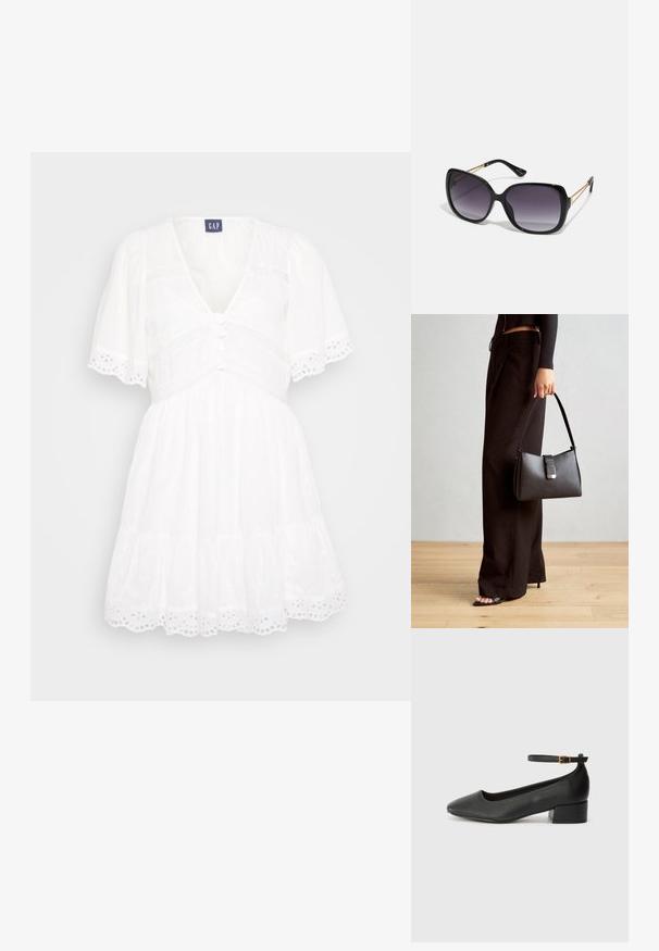 Rochie albă cu decolteu în V, mâneci scurte tip puff, deschidere cu nasturi și dantelă cu eyelet. Prezintă o fustă etajată și un material texturat.; Pantof cu toc negru din piele, cu vârf ascuțit și toc mic pătrat. Dispune de o curea la gleznă cu o cataramă în tonuri de aur. Textură netedă.; Ochelari de soare negri, supradimensionați, cu lentile degradate, rame groase și detalii cu lanț de ton auriu pe brațele templului.; Genți negre cu o formă structurată, textură netedă și un închizător metalic. Asortată cu pantaloni negri largi și sandale cu vârf deschis pe un podea din lemn.