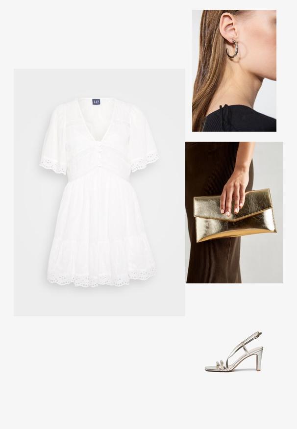 Valkoinen mekko, jossa on V-pääntie, lyhyet puff-hihat, nappikiinnitys ja reikäkangasreunus. Mekossa on kerrostettu hame ja teksturoitu kangas.; Metallic hopeanväriset korkokengät, joissa on avonaiset varpaat, kolme ohutta remmiä jalan yli ja nilkkaremmi soljella.; Kultainen metallinen käsilaukku, jossa on sileä pinta ja kolmiomainen läppä suljin. Käsivarsi, joka pitää sitä, on siististi hoidettuine kynsineen.; Hopea renkaankorvakoru kiiltävällä pinnalla, jossa on pieniä kultaisia yksityiskohtia ja pyöreä muoto, käytetty korvalla.