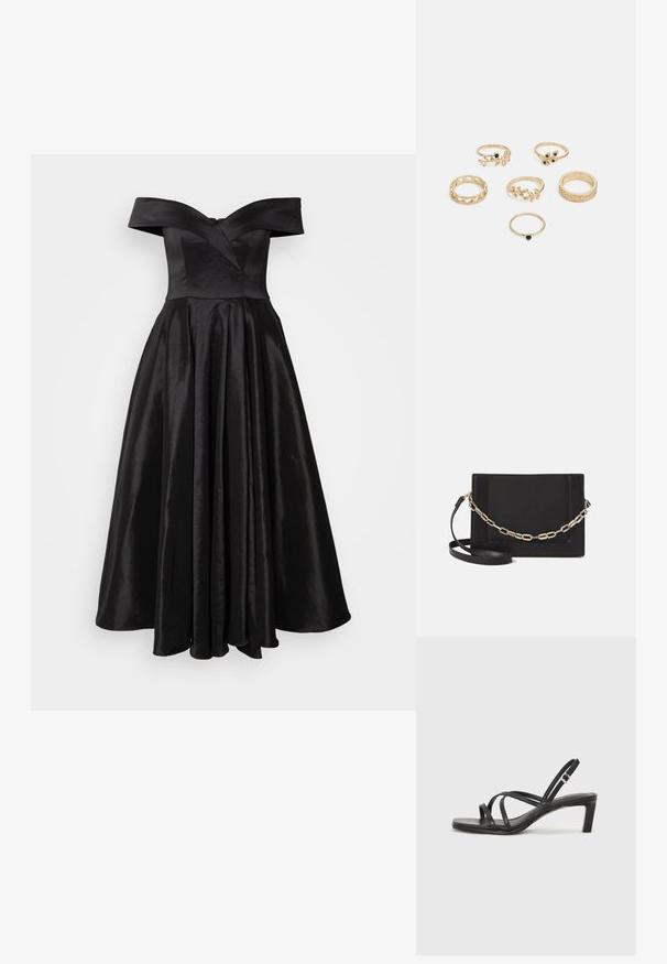 Črna obleka brez naramnic z oprijetim korpusom, razširjenim satenskim krilom in subtilnim sijajem. Ima V-izrez in skrito zadrgo na hrbtu.; Črne natikače s trakovi in kvadratnim prstom ter nizkim blokastim peto. Imajo več tankih trakov in nastavljiv trak okoli gležnja. Narejene so iz gladkega usnja.; Črna usnjena torba čez ramo z gladko teksturo, pravokotno obliko in kovinskim verižnim detajlom spredaj. Vključena je nastavljiva naramnica.; Nabor šestih zlatih prstanov z različnimi dizajni: pleteni, listni motivi in trdne nenaključene obroče; nekateri s poudarki iz zelenih draguljev.