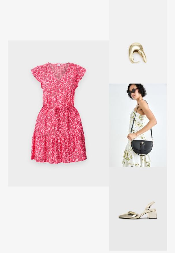 Raudona gėlių suknelė su trumpomis fliterinėmis rankovėmis, V formos iškirpte, susiaurinta juosmeniu ir kelių sluoksnių ruffles apdaila, pagaminta iš lengvo audinio.; Auksiniai, metaliniai slingback aukštakulniai bateliai su smailiu pirštu ir masyviu kulnu. Lygus paviršius, minimalizmo dizainas ir siaura juostelė.; Juodas odinis krepšys su išlenkta forma, nuimamu dirželiu ir auksiniais detalėmis. Krepšys turi kilpą su sagtimi.; Aukso tono metalinės auskarai su stilingu, kreiviu dizainu. Išsiskiria ryškiu smailiu pavidalu, poliruota paviršiumi ir užsegimu su vyriu.