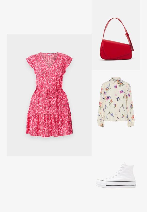 Rdeča cvetna obleka s kratkimi letečimi rokavi, V-izrezom, zategnjenim pasom in plapolastim robom v več plasteh, izdelana iz lahkotne tkanine.; Cvetna bluzica z dolgimi puff rokavi, svetlo smetanaste barve, s purpurnimi, oranžnimi in zelenimi cvetličnimi vzorci ter klasičnim ovratnikom.; Beli visoki platneni športni čevelj z črnim gumijastim podplatom, sprednjim gumijastim zaščitnikom za prste in šestimi luknjicami za vezalke, ki se ponaša s preprostim, minimalističnim dizajnom.; Rdeča usnjena torba z angularnim, geometrijskim dizajnom. Ima en samostoječ nastavljiv ročaj in pokrov, zaprt z zapiranjem, ki je okrašen s šivi.