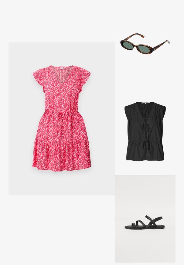 Sarkana ziedu kleita ar īsām plīvojošām piedurknēm, V-veida izgriezumu, sašaurinātu jostasvietu un slāņotu volānu apakšu, izgatavota no viegla auduma.; Second Female FELIXA - Blūze - black; Melnas ādas sandalēs ar trim platām jostām pāri kājai un regulējamu potītes jostu. Plakana zole ar minimālu profilējumu. Vienkāršs dizains.; Bruņurupuča apvalka saulesbrilles ar ovālām rāmēm un zaļiem stikliem. Rāmjiem ir plānas kājas ar metāla akcentu tuvu eņģēm.